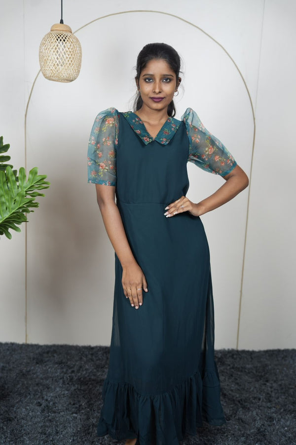 Georgette Maxi Dress with Premium Organza Collar & Sleeves