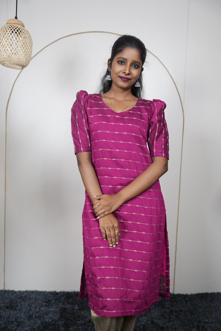 Magenta Striped Premium Raw Silk Kurti