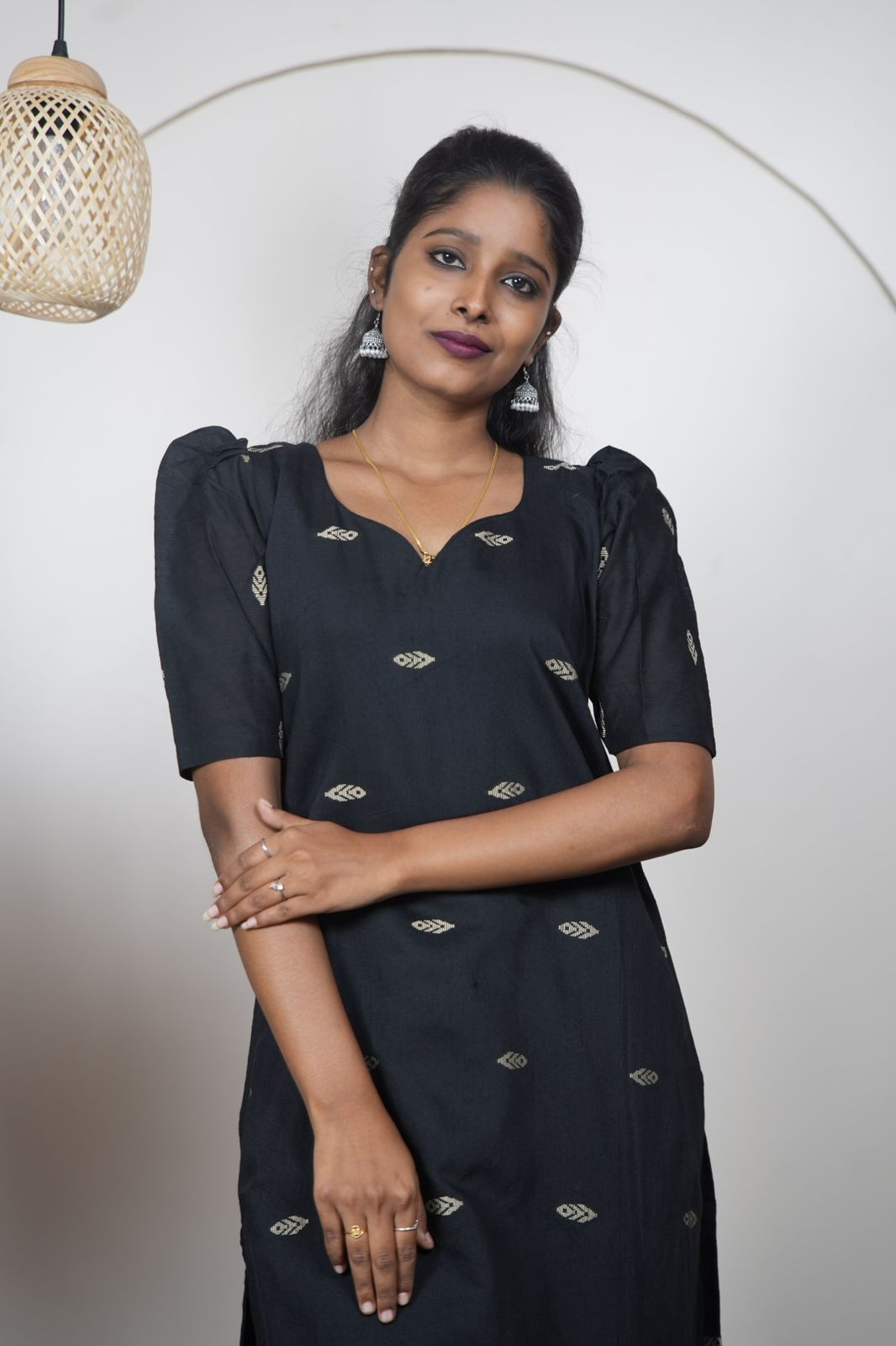 Elegant Black Geometric Raw Silk Kurti