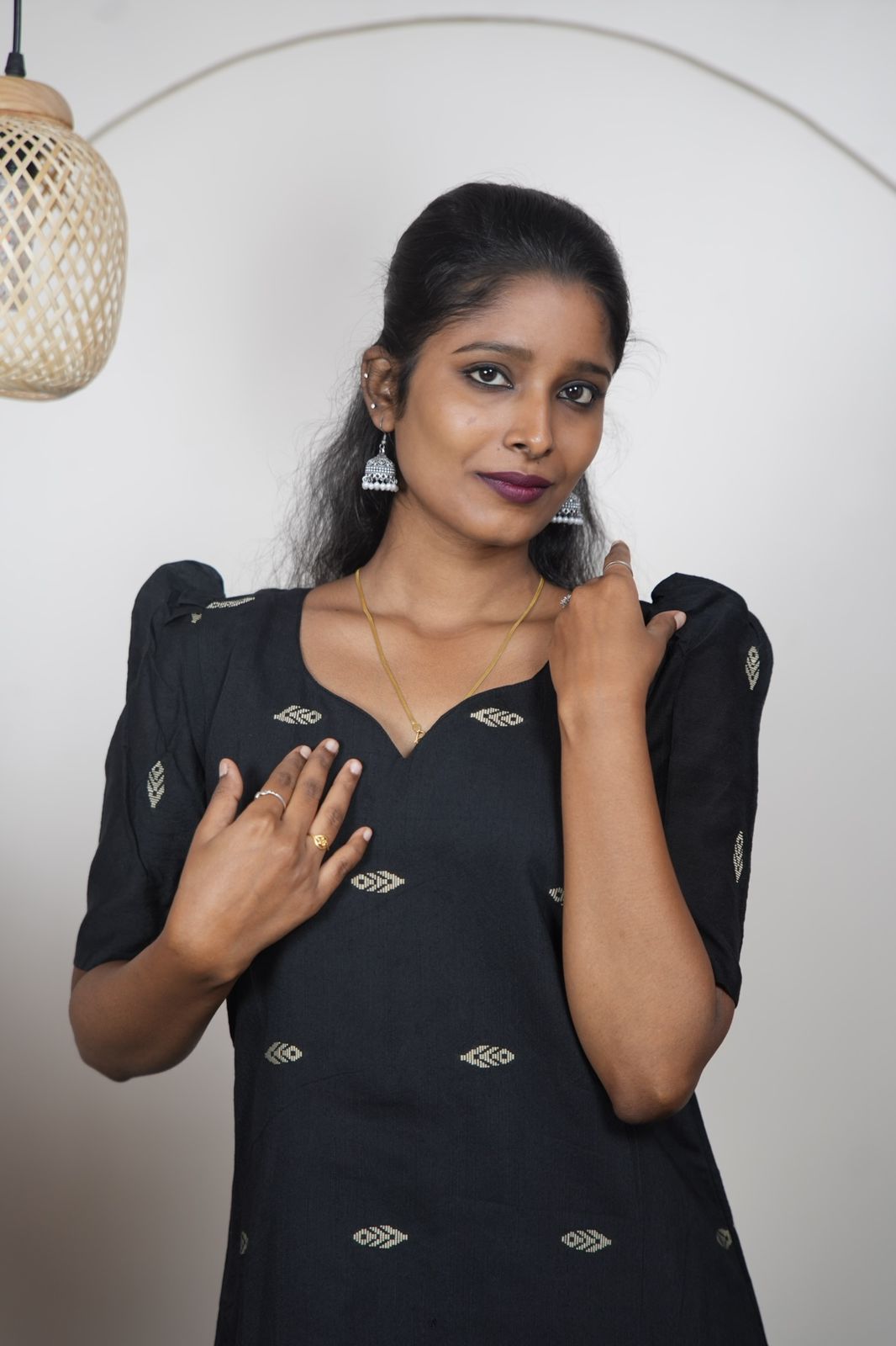 Elegant Black Geometric Raw Silk Kurti