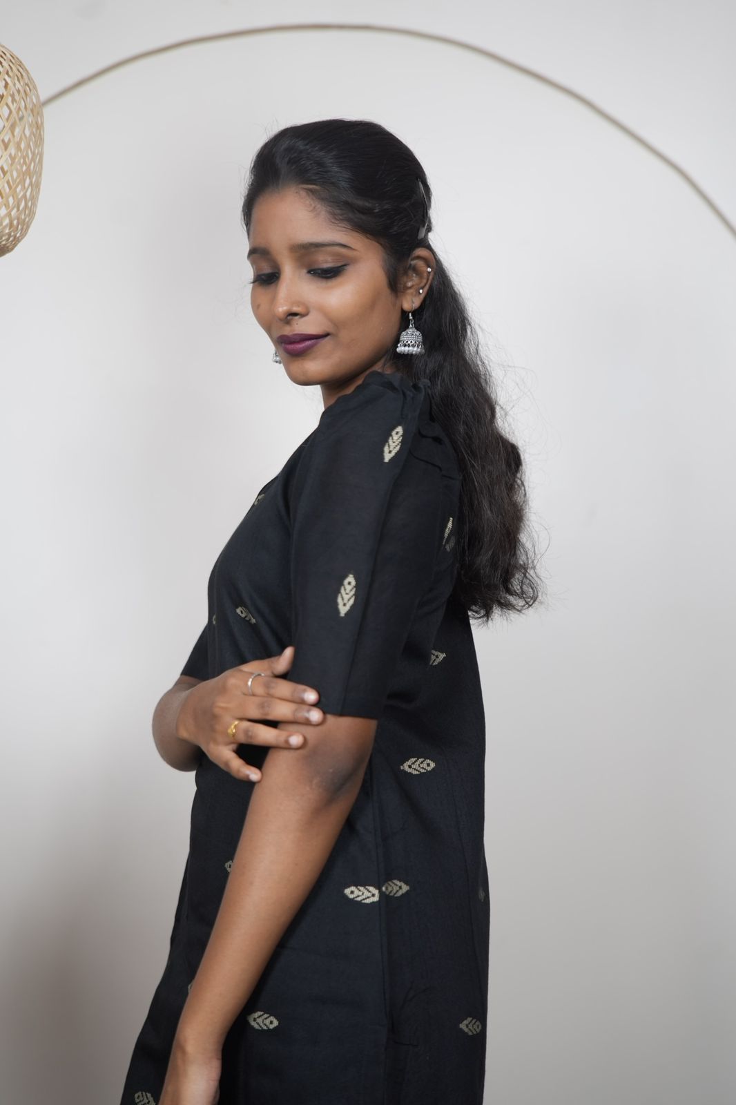 Elegant Black Geometric Raw Silk Kurti