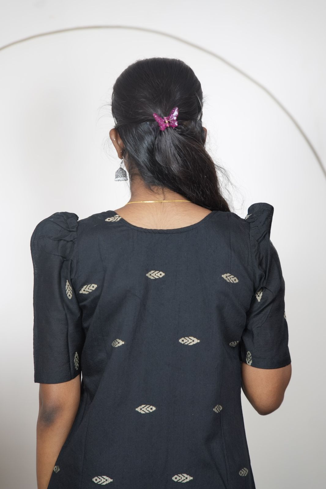 Elegant Black Geometric Raw Silk Kurti