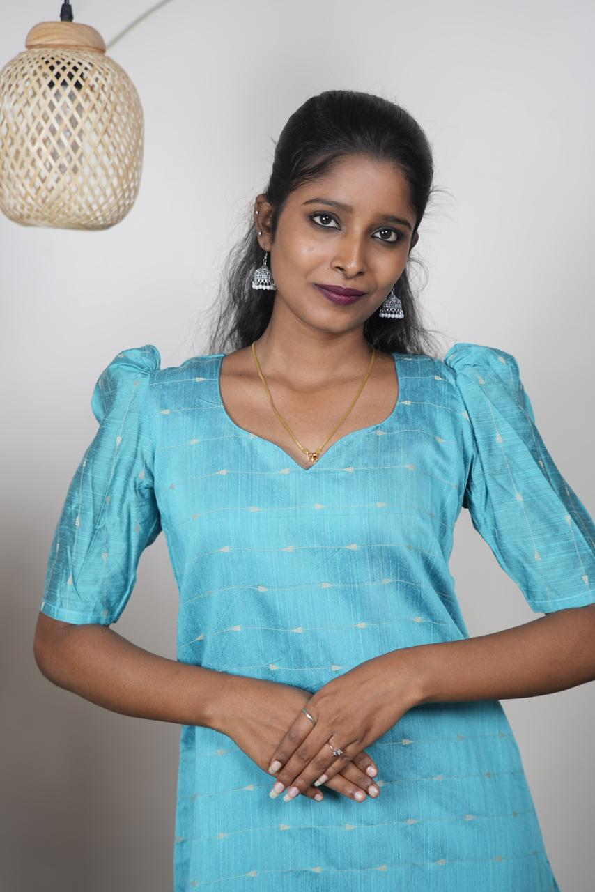 Elegant Sea Blue Raw Silk Kurti