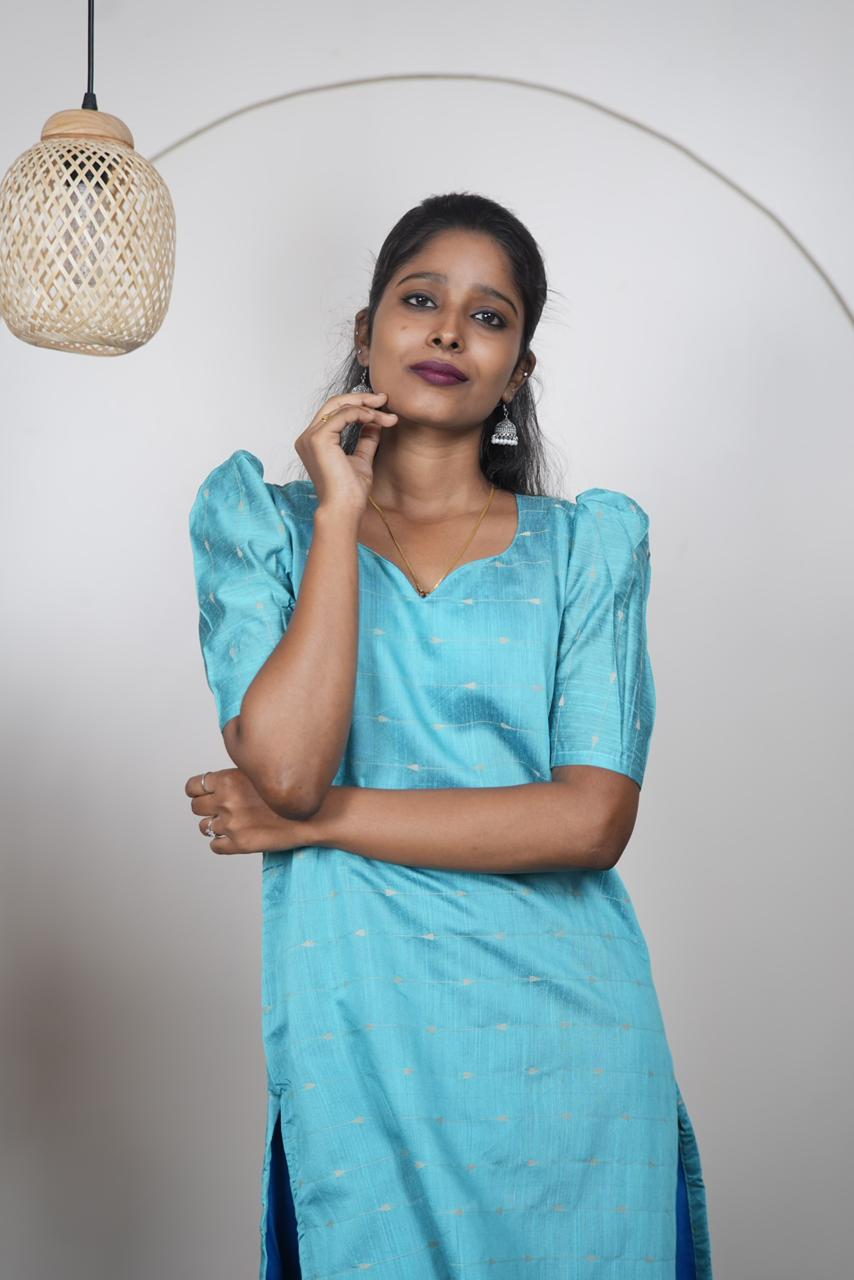 Elegant Sea Blue Raw Silk Kurti