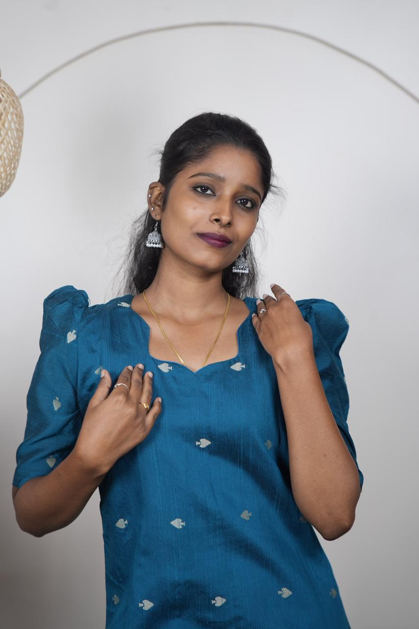 Elegant Teal Blue Raw Silk Kurti