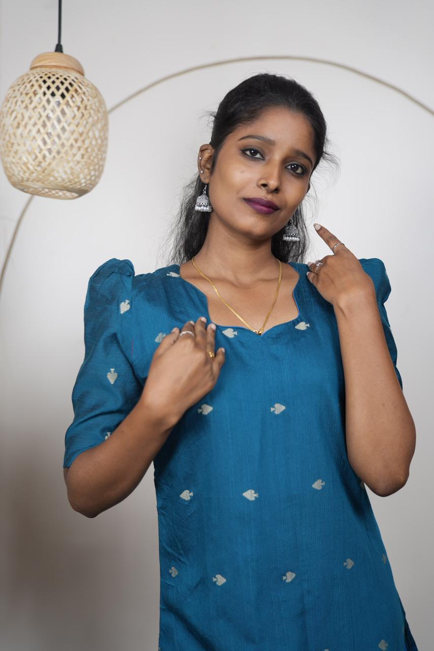 Elegant Teal Blue Raw Silk Kurti